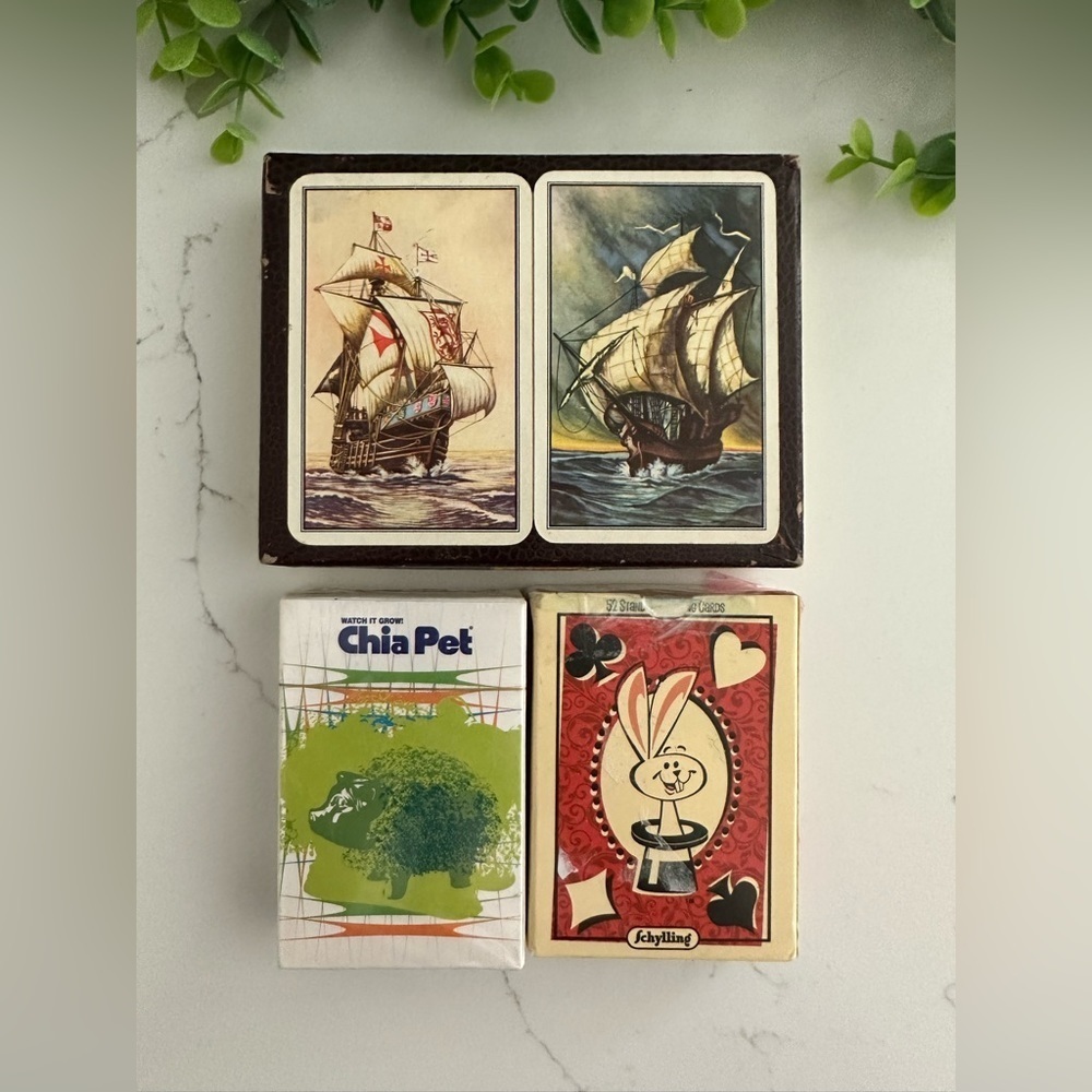 4 sets of  Vintage playing cards: Chia, JD, Schylling Rabbit, Eaton's Ship
